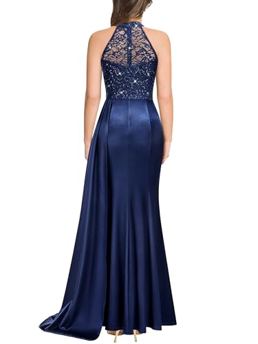 Women's Sexy Halter Sequin Lace Satin High Split Ruched Style Evening Party Maxi Dress