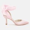 Womens Lace up Satin Heels Bow Pointed Closed Toe Bridal Dress Shoes Low Heel Wedding Elegant Pumps