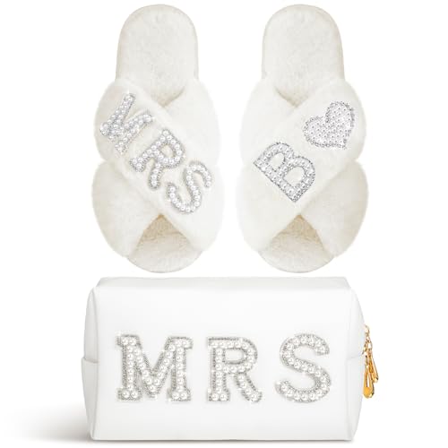 Personalized Initial Wedding Bride Slippers MRS Pearl Letter Makeup Bag Bridal Shower Gifts for Wedding Day (B)