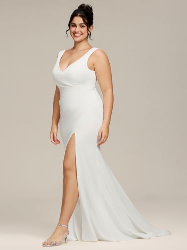 Women's Simple Sleeveless V Neck Bodycon Slit Mermaid Wedding Dresses for Bride Plus Size Bridal Gowns