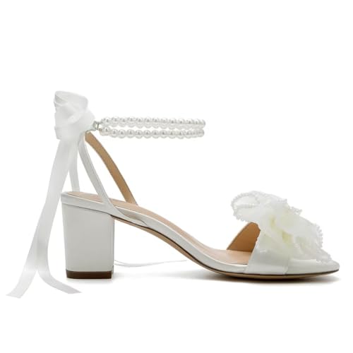 Bow Knot Heeled Sandals Wedding Shoes for Bride Block Heel Wedding Sandals Pearl Heels Bridal Shoes