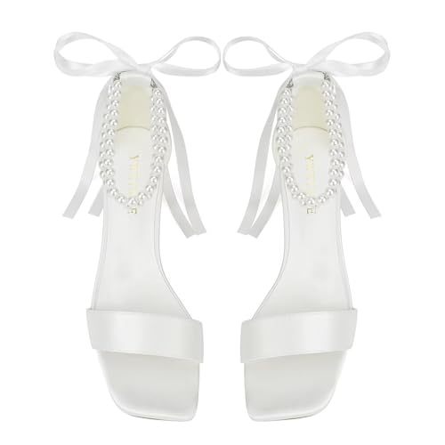 Block Heel Bridal Shoes Open Toe Wedding Shoes for Bride Pearl Heels Wedding Sandals