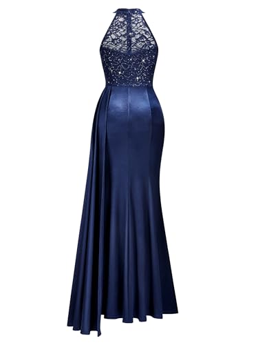 Women's Sexy Halter Sequin Lace Satin High Split Ruched Style Evening Party Maxi Dress