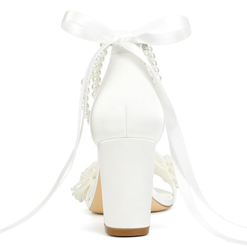 Pearl Wedding Heels Block Heel Wedding Shoes for Bride Open Toe Bridal Shoes Chunky Heeled Sandals