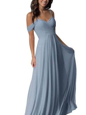 Off The Shoulder Bridesmaid Dresses for Women Long Chiffon Pleated Formal Evening Dress with Pockets
