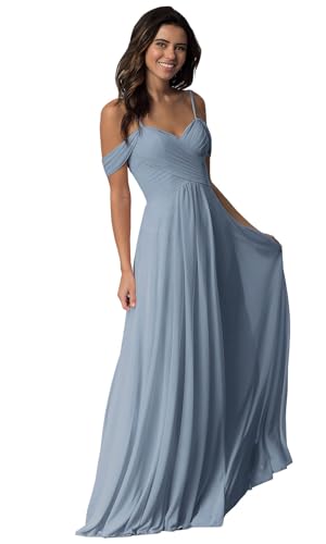 Off The Shoulder Bridesmaid Dresses for Women Long Chiffon Pleated Formal Evening Dress with Pockets