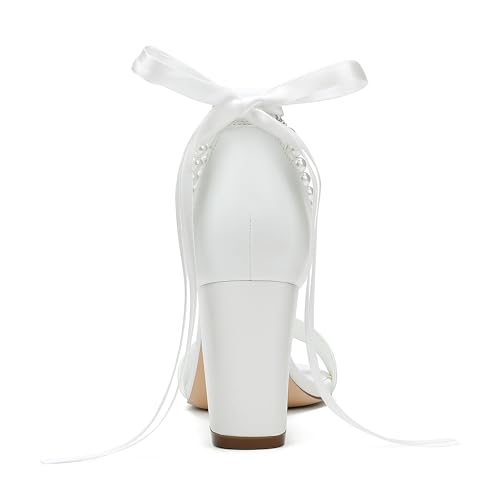 Women's Open Toe Block Heel Pearl Wedding Shoes for Bride Chunky Heeled Sandals Bridal Shoes Pumps