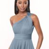 One Shoulder Bridesmaid Dresses for Women A Line Pleated Chiffon Long Formal Wedding Guest Dress with Pockets