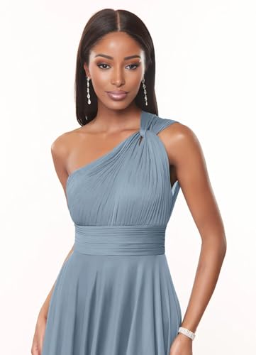 One Shoulder Bridesmaid Dresses for Women A Line Pleated Chiffon Long Formal Wedding Guest Dress with Pockets
