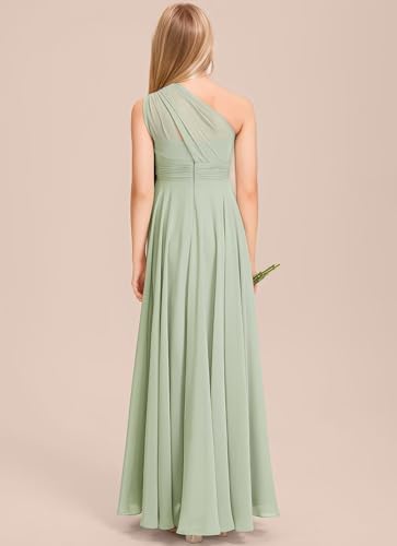 One Shoulder Chiffon Junior Bridesmaid Dresses Long A-Line Pleated Flower Girl Dress for Teen Girls Pageant Dress