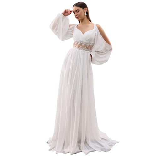 Women Boho Strap Lace Wedding Dress Long Sleeves Dress A-Line Bridal Gown with Adjustable Straps Formal Dress for Engatement