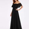 Women's Elegant Off The Shoulder Side Split High Waist Flowy Chiffon Maxi Bridesmaid Dress 00968