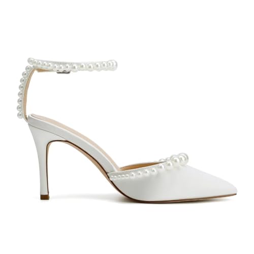 High Heel Wedding Shoes for Bride Pointed Toe Bridal Shoes Pearl Heels Ankle Strap Wedding Pumps