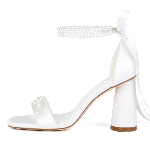 Pearl Heels Wedding Shoes for Bride Open Toe Bridal Shoes White Ivory Heels Chunky Heeled Sandals