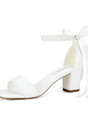 Block Heel Wedding Shoes for Bride Pearl Heels Wedding Sandals Square Open Toe Bridal Shoes
