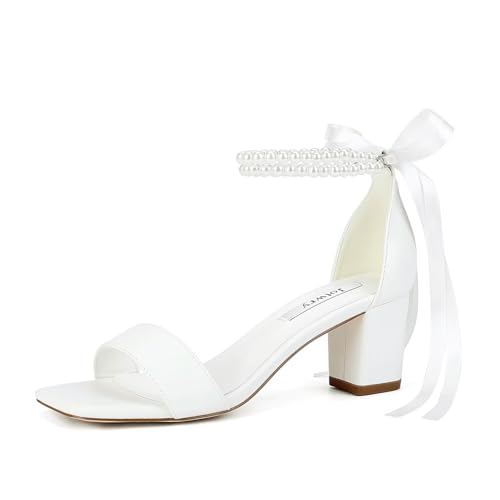 Block Heel Wedding Shoes for Bride Pearl Heels Wedding Sandals Square Open Toe Bridal Shoes