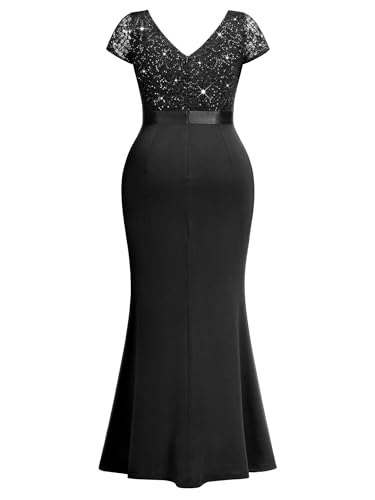 Women's Plus Size Double V Neck Sequin Lace Contrast Ruched Bodycon Mermaid Hem Formal Maxi Dress