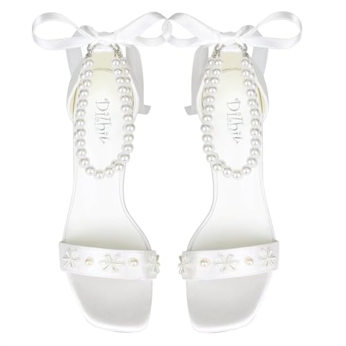 Pearl Heels Wedding Shoes for Bride Open Toe Bridal Shoes White Ivory Heels Chunky Heeled Sandals