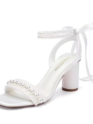 Block Heel Wedding Sandals Pearl Heels Wedding Shoes for Bride Open Toe Bridal Shoes