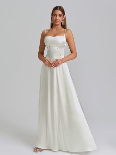 Satin Maxi Dress Spaghetti Strap Lace Up Long Formal Dresses for Women Wedding Guest Cocktail Evening Prom