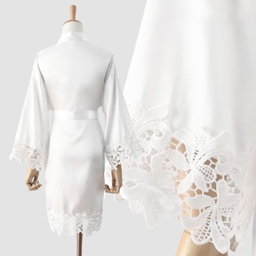 Women Lace Trim Robe Short Kimono Gown Silky Bathrobe for Bride Bridesmaid Nightgown
