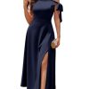 Women's Formal Elegant Wedding Guest Dresses One Shoulder A Line Maxi Cocktail Slit Dress