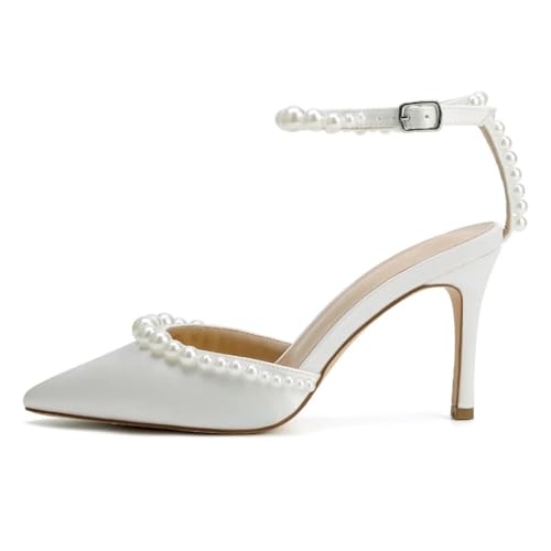 High Heel Wedding Shoes for Bride Pointed Toe Bridal Shoes Pearl Heels Ankle Strap Wedding Pumps
