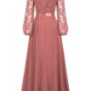 Women's Wedding Guest A-Line Dress Floral Lace Deep V Neck Long Sleeve Formal Evening Gown