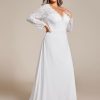 Women's V Neck Long Sleeve Lace Chiffon A Line Floor Length Plus Size Wedding Dress 01925-DA