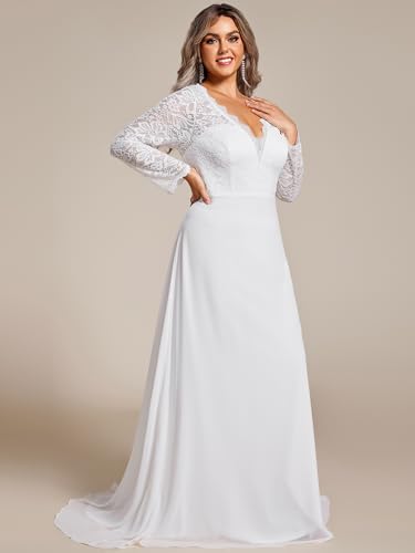 Women's V Neck Long Sleeve Lace Chiffon A Line Floor Length Plus Size Wedding Dress 01925-DA