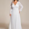 Women's V Neck Long Sleeve Lace Chiffon A Line Floor Length Plus Size Wedding Dress 01925-DA