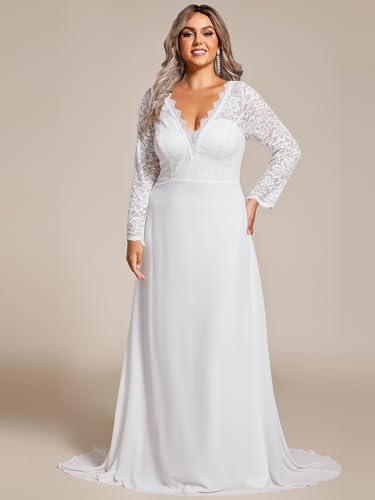 Women's V Neck Long Sleeve Lace Chiffon A Line Floor Length Plus Size Wedding Dress 01925-DA