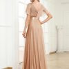 Women's Evening Gowns V Neck Ruched Short Sleeves A-line Glitter Formal Dresses