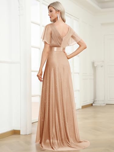 Women's Evening Gowns V Neck Ruched Short Sleeves A-line Glitter Formal Dresses