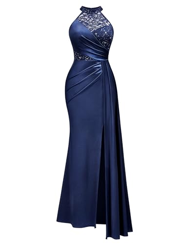 Women's Sexy Halter Sequin Lace Satin High Split Ruched Style Evening Party Maxi Dress