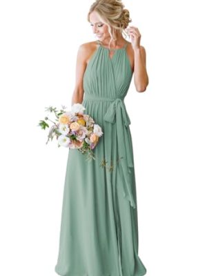 Women's Halter Chiffon Bridesmaid Dresses Long Simple A-Line Evening Formal Dresses with Belt CYM032