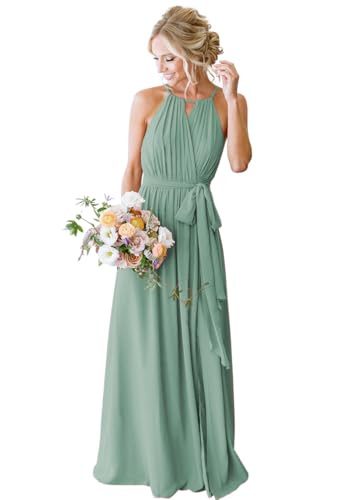 Women's Halter Chiffon Bridesmaid Dresses Long Simple A-Line Evening Formal Dresses with Belt CYM032