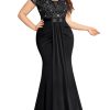 Women's Plus Size Double V Neck Sequin Lace Contrast Ruched Bodycon Mermaid Hem Formal Maxi Dress