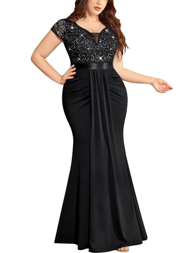 Women's Plus Size Double V Neck Sequin Lace Contrast Ruched Bodycon Mermaid Hem Formal Maxi Dress