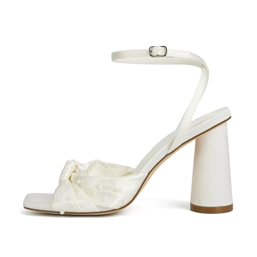 Pearl Wedding Shoes for Bride Block Heel Bridal Shoes Open Toe Wedding Heels Bow Knot Heeled Sandals