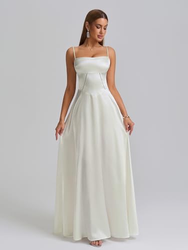 Satin Maxi Dress Spaghetti Strap Lace Up Long Formal Dresses for Women Wedding Guest Cocktail Evening Prom