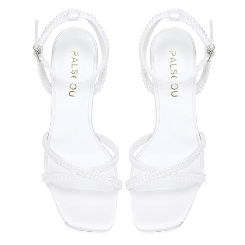Pearl Heels Strappy Bridal Shoes Block Heel Wedding Sandals Open Toe Wedding Shoes for Bride