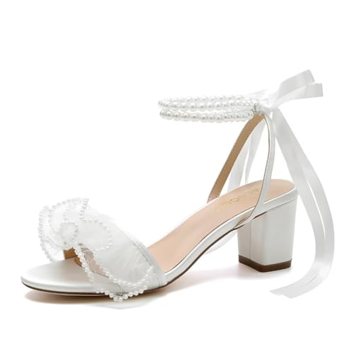 Pearl Heels Wedding Shoes for Bride Block Heel Wedding Sandals Open Toe Bridal Shoes