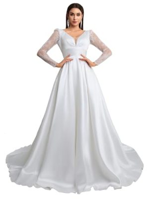 V-Neck A-Line Wedding Dress with Long Lace Sleeves Bodice & Chiffon/Satin Elegant Boho Bridal Gown for Church Ceremony