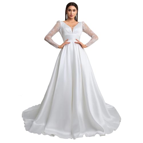 V-Neck A-Line Wedding Dress with Long Lace Sleeves Bodice & Chiffon/Satin Elegant Boho Bridal Gown for Church Ceremony