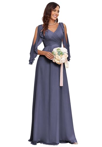 Ruffle Sleeve Chiffon Bridesmaid Dresses for Women Cold Shoulder Formal Dress for Wedding 2025 V Neck Evening Gowns