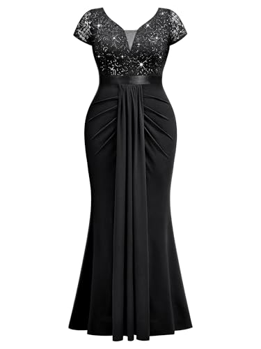 Women's Plus Size Double V Neck Sequin Lace Contrast Ruched Bodycon Mermaid Hem Formal Maxi Dress