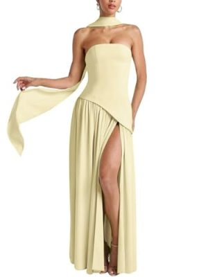 Women Strapless Patchwork Maxi Dress Sexy High Slit Tube Top Party Club with Scarf Long Prom Wedding Guest Dresses