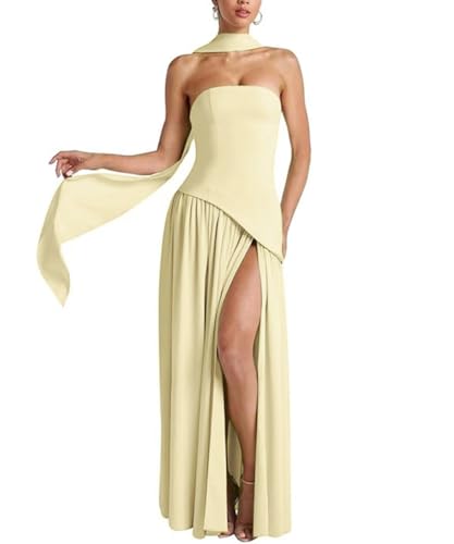 Women Strapless Patchwork Maxi Dress Sexy High Slit Tube Top Party Club with Scarf Long Prom Wedding Guest Dresses
