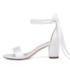 Isobud Women's Open Toe Pearl Wedding Shoes for Bride White Heels with Bow Bridal Shoes Chunky Block Satin Heels Sandals